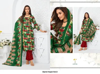 Darmi Vaani Vol 2, catalog image displaying a red and green geometric printed salwar suit with a matching dupatta and dark red trousers.