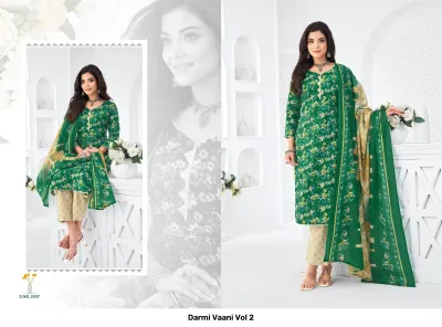 Darmi Vaani Vol 2, vibrant green salwar suit with dense floral print, includes a beige and green dupatta with floral motifs.