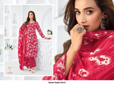 Darmi Vaani Vol 2, deep pink salwar suit with a white floral print pattern, includes a matching printed dupatta and trousers.