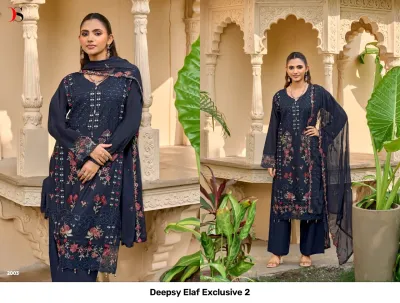 Deepsy Elaf Exclusive 2, dark navy blue salwar suit with detailed floral thread work and matching dupatta.