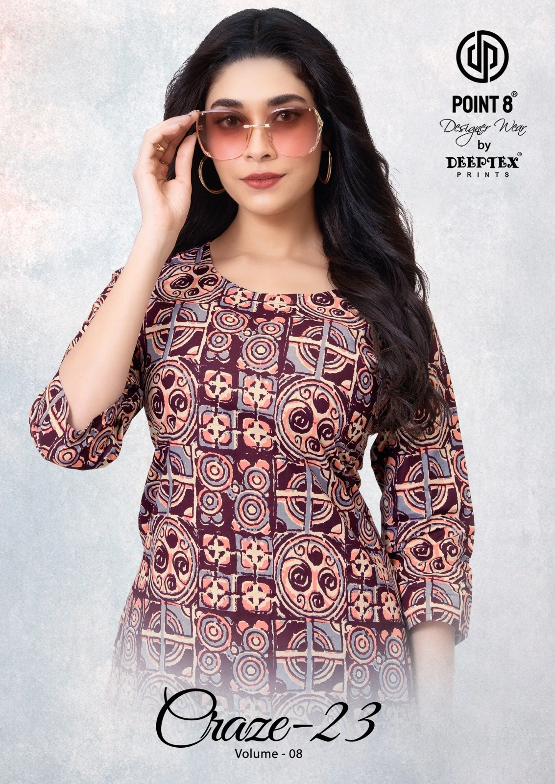 Deeptex Craze Vol 8: A maroon and beige printed kurti with geometric patterns, worn by a woman with sunglasses.