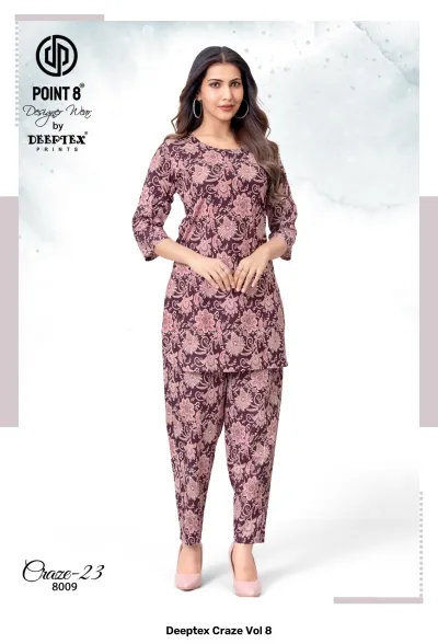 Deeptex Craze Vol 8: A maroon kurti and pant set featuring a delicate floral print.