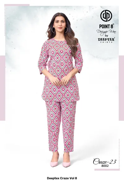 Deeptex Craze Vol 8: A pink and white diamond-patterned printed kurti and pant set.