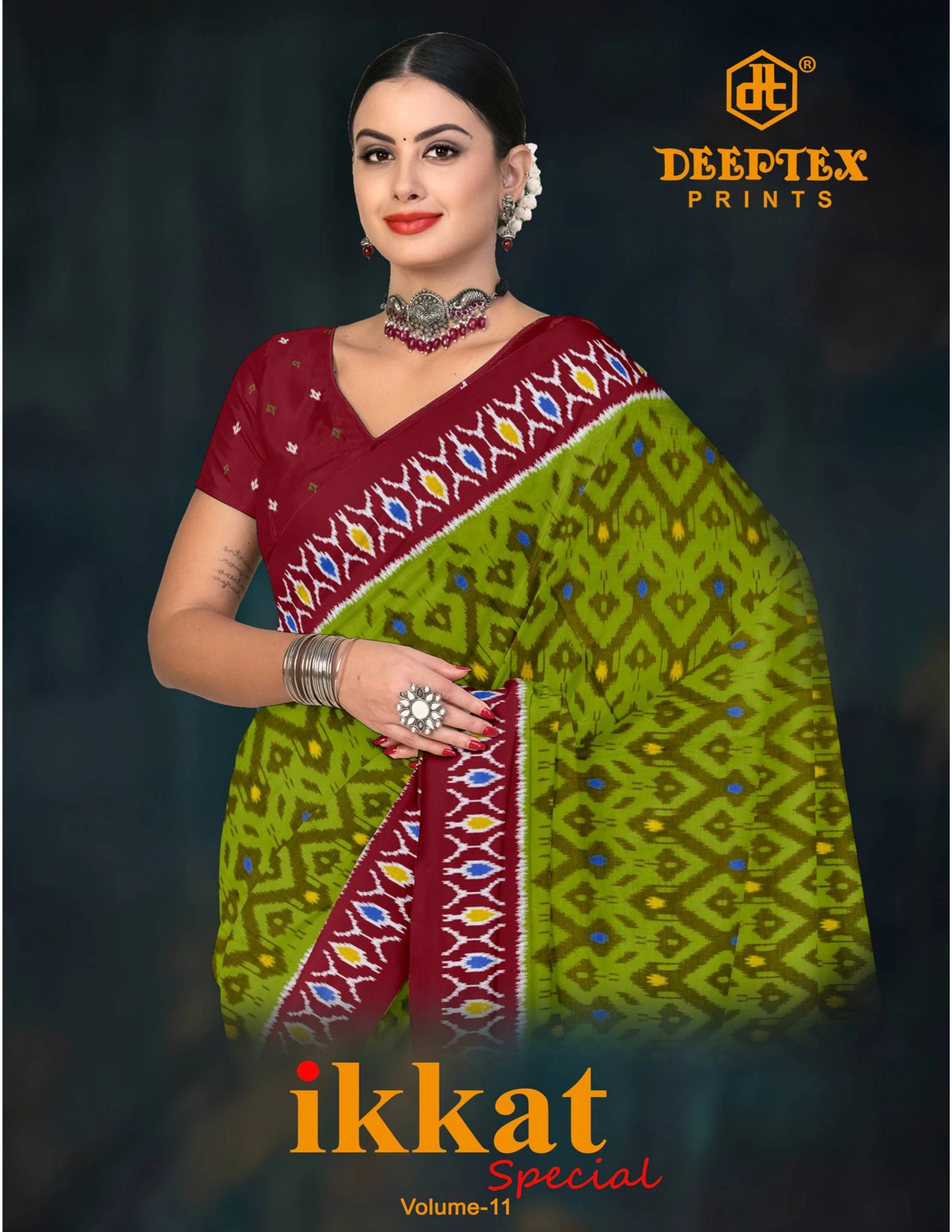 Deeptex Ikkat Vol 11 design 1 of 12 — Cotton Sarees by Deeptex Prints, wholesale Surat