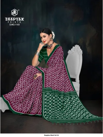 Deeptex Ikkat Vol 11 design 4 of 12 — Cotton Sarees by Deeptex Prints, wholesale Surat