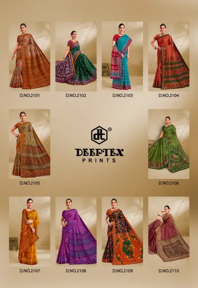 Deeptex Prime Time Vol – 21 catalog collage showcasing ten different styles of printed cotton sarees with traditional motifs.