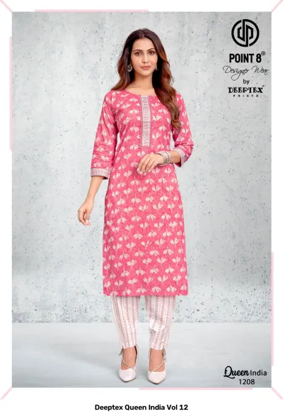 Deeptex Queen India Vol 12, pink kurti with white small floral print and vertical striped white pants.