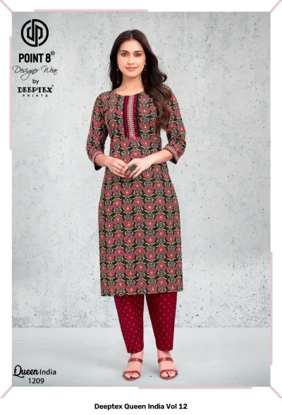 Deeptex Queen India Vol 12, black kurti with red and gold leaf print pattern and red patterned pants.