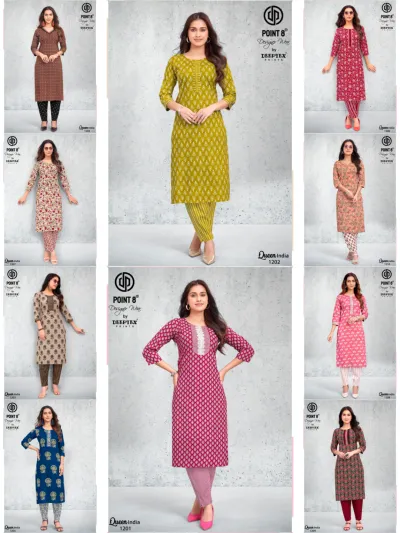 Deeptex Queen India Vol 12, catalog collage showing various printed kurti and pants sets from the collection.