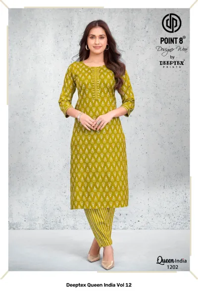 Deeptex Queen India Vol 12, olive green kurti and striped pants set with small white printed leaf pattern.