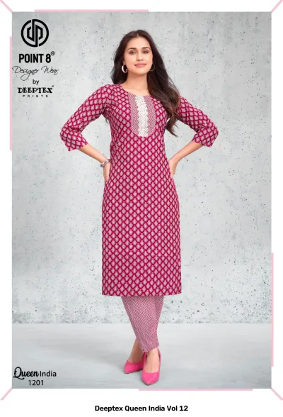 Deeptex Queen India Vol 12, magenta kurti and patterned pants set with white geometric print and lace neck detail.
