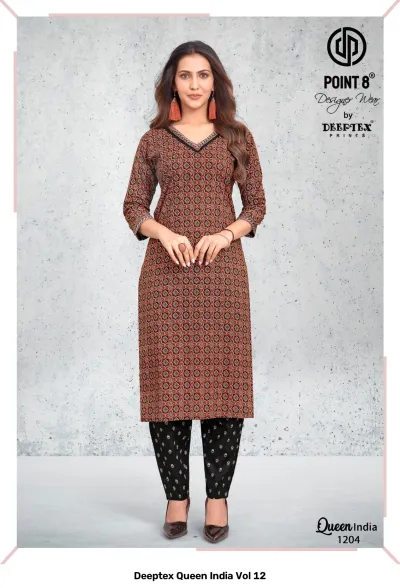 Deeptex Queen India Vol 12, brown kurti with intricate geometric pattern and black patterned pants.