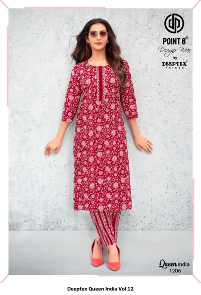 Deeptex Queen India Vol 12, red kurti with small white floral pattern and white striped pants.