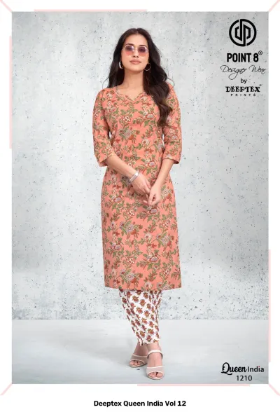 Deeptex Queen India Vol 12, peach kurti with multi-colored floral print and white printed pants.