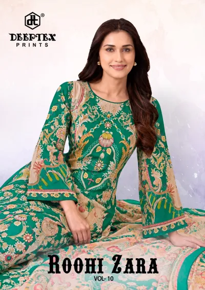 Deeptex Roohi Zara Vol 10, model wearing a green printed kurti with beige floral accents and flared sleeves.