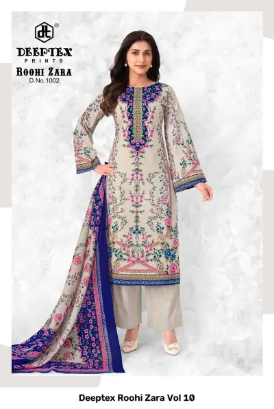 Deeptex Roohi Zara Vol 10, beige salwar suit with blue floral patterns, a solid blue dupatta, and matching trousers.