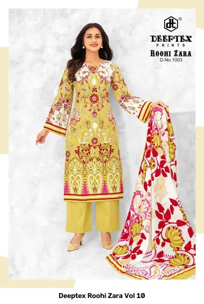 Deeptex Roohi Zara Vol 10, lime green and white salwar suit with floral prints and a colorful patterned dupatta.