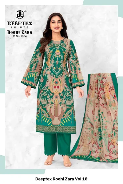 Deeptex Roohi Zara Vol 10, green salwar suit with beige floral and mandala-style prints, matching trousers and a printed dupatta.