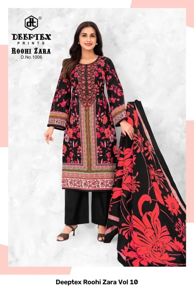 Deeptex Roohi Zara Vol 10, black salwar suit with vibrant red floral prints and matching black trousers.