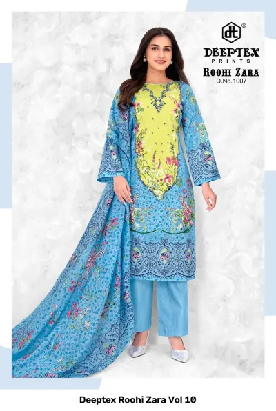 Deeptex Roohi Zara Vol 10, light blue salwar suit with a lime green bodice, floral prints, and a matching blue dupatta.