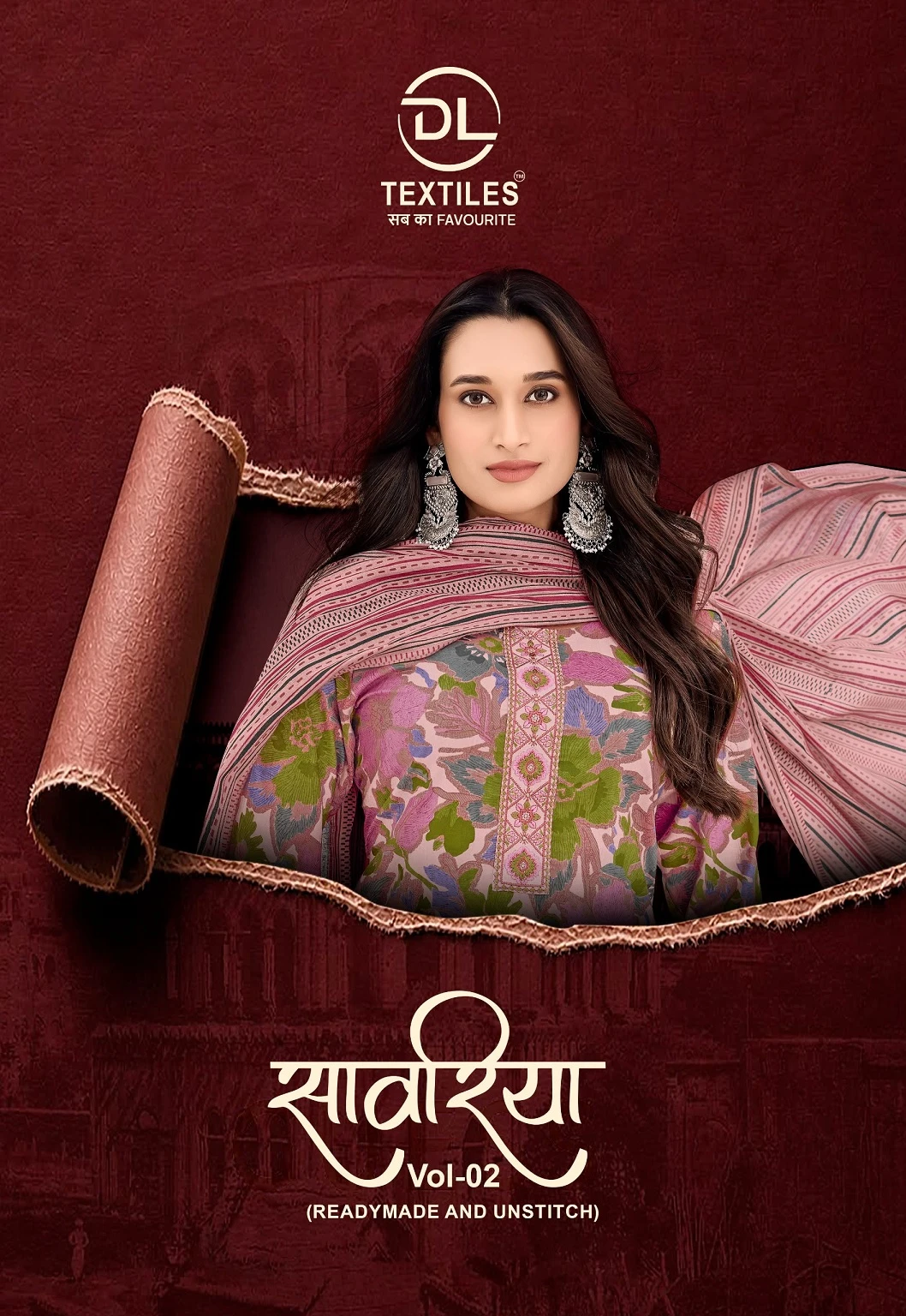 DL Sawariya Vol 2, catalog cover featuring a model in a pink floral printed salwar suit with a striped dupatta.