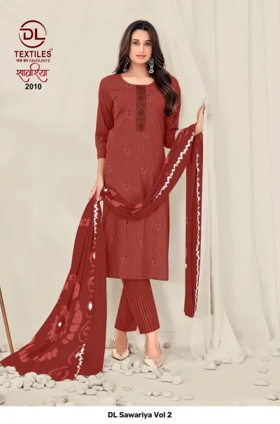 DL Sawariya Vol 2, rust-red salwar suit with fine vertical stripes and floral motifs, matching pants, and a printed dupatta.