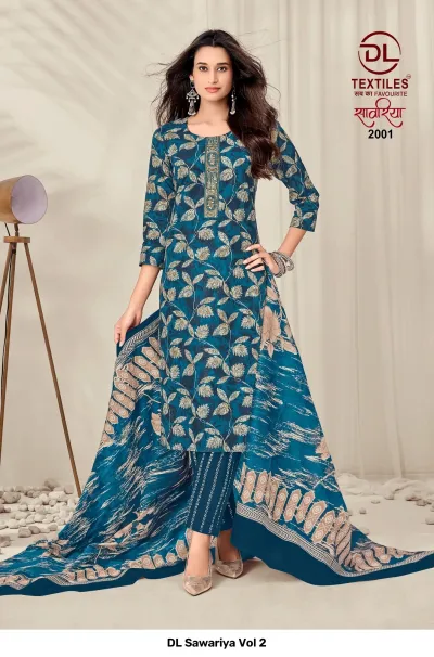 DL Sawariya Vol 2, teal blue salwar suit with a leaf print, matching printed pants, and a patterned dupatta.