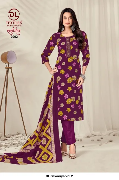 DL Sawariya Vol 2, purple salwar suit with a floral print, matching pants, and a geometric printed dupatta.