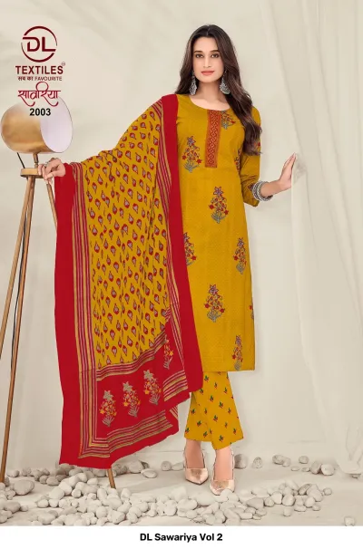 DL Sawariya Vol 2, mustard yellow salwar suit with a small floral print, matching pants, and a red border printed dupatta.