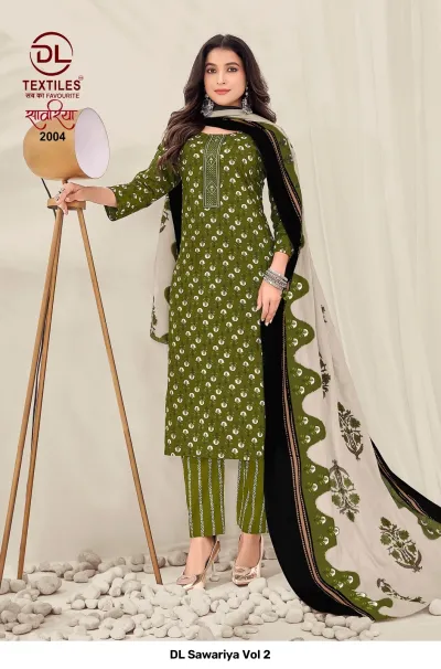DL Sawariya Vol 2, olive green salwar suit with white leaf print, striped pants, and a black and white printed dupatta.
