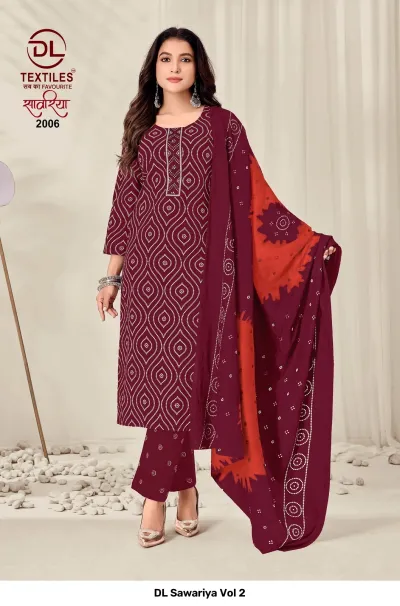 DL Sawariya Vol 2, wine-colored salwar suit with white circular print, matching pants, and a dual-tone printed dupatta.