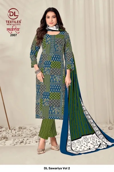 DL Sawariya Vol 2, blue and green patchwork-style printed salwar suit with striped pants and a blue dupatta.
