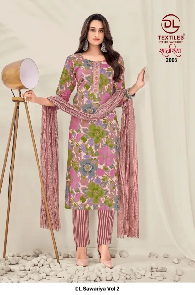 DL Sawariya Vol 2, light pink floral printed salwar suit with matching striped pants and a striped dupatta.