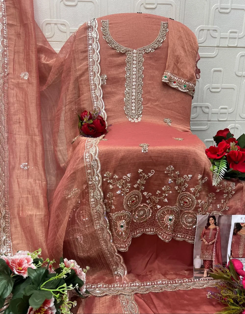 Elan Studio Beads Work E 68 peach salwar suit with heavy stone and thread embroidery on silk fabric and matching dupatta.