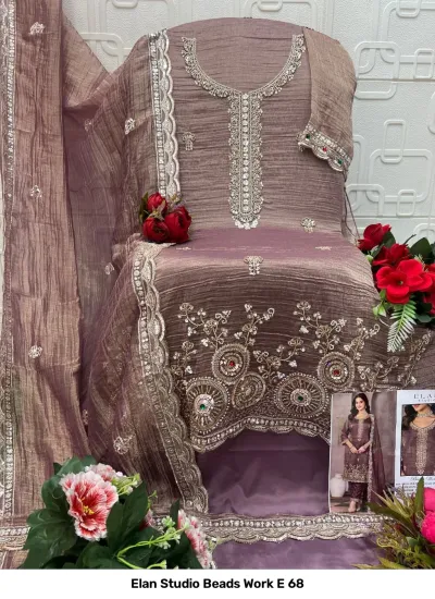 Elan Studio Beads Work E 68 purple-grey salwar suit featuring intricate bead and stone embellishments on silk fabric with matching dupatta.