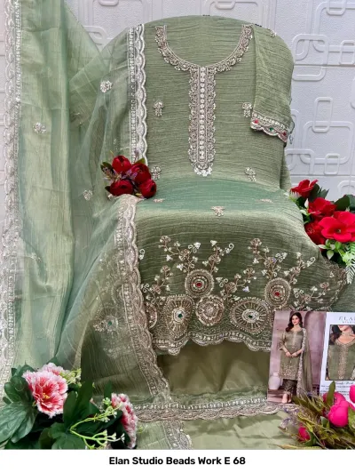 Elan Studio Beads Work E 68 olive green silk salwar suit with heavy beadwork, stone detailing, and an embroidered dupatta.