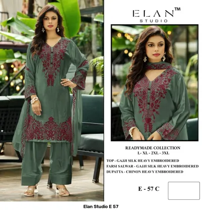 Elan Studio E 57 — Gajji Silk Heavy Embroidered, Pakistani Readymade Suits, Elan Studio wholesale from Surat — view 4