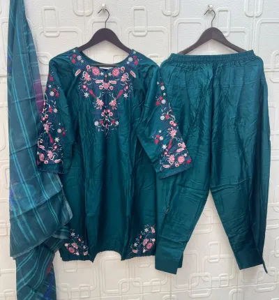 Elan Studio E 59: Teal green salwar suit set featuring a kurta with floral thread work embroidery and matching dupatta with checkered print.