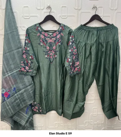 Elan Studio E 59: Olive green salwar suit set consisting of an embroidered kurta and a matching dupatta with digital print and checkered details.
