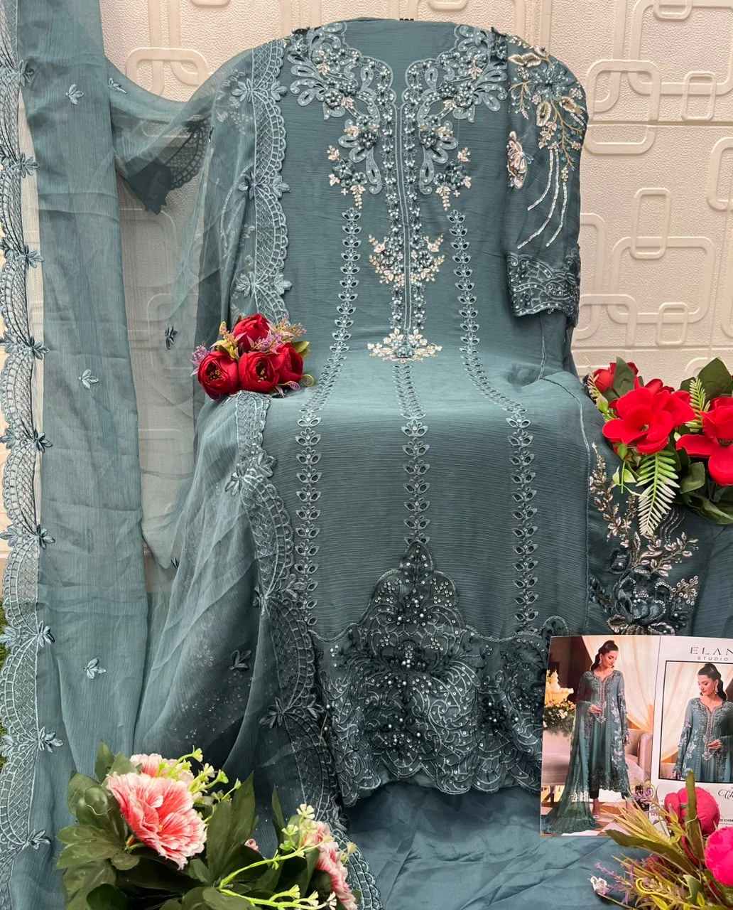 Elan Studio Maria B Chiffons E 61, teal blue salwar suit with heavy floral thread work, bead embellishments, and matching chiffon dupatta.