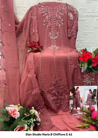 Elan Studio Maria B Chiffons E 61, dusty rose salwar suit featuring heavy floral embroidery, beadwork, and a matching chiffon dupatta.