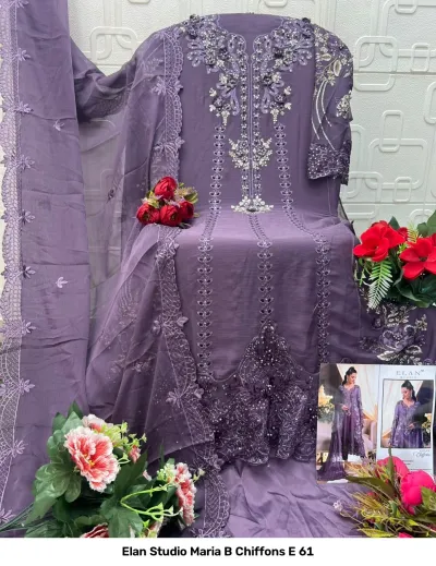 Elan Studio Maria B Chiffons E 61, purple salwar suit with intricate floral thread embroidery, bead embellishments, and matching chiffon dupatta.
