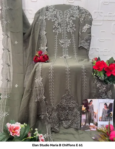 Elan Studio Maria B Chiffons E 61, olive green salwar suit with heavy floral embroidery, beadwork, and matching chiffon dupatta.