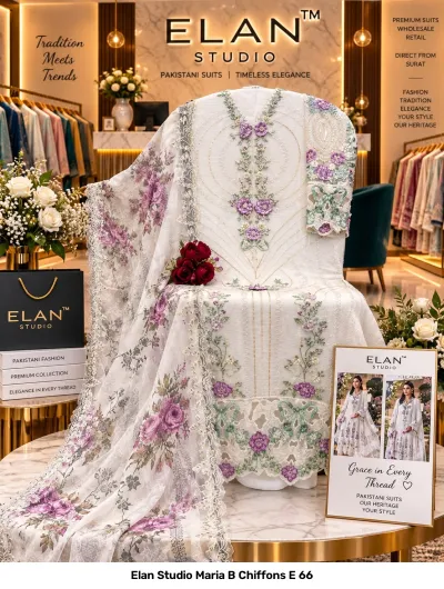 Elan Studio Maria B Chiffons E 66: White salwar suit with detailed floral thread work, cutwork embroidery, and a matching printed chiffon dupatta.