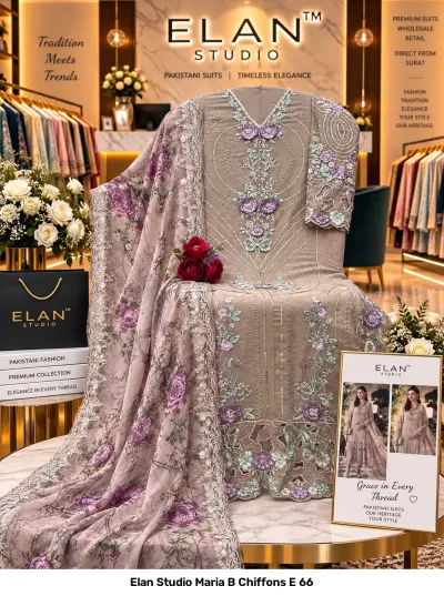 Elan Studio Maria B Chiffons E 66: Taupe salwar suit with floral thread work, intricate cutwork embroidery, and a matching printed chiffon dupatta.