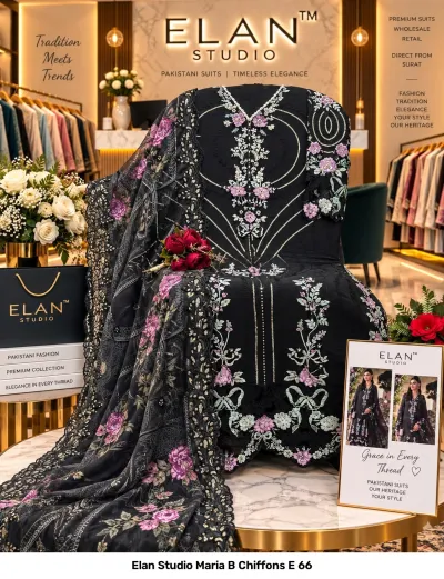 Elan Studio Maria B Chiffons E 66: Black salwar suit featuring floral thread work, cutwork embroidery, and a coordinating printed chiffon dupatta.
