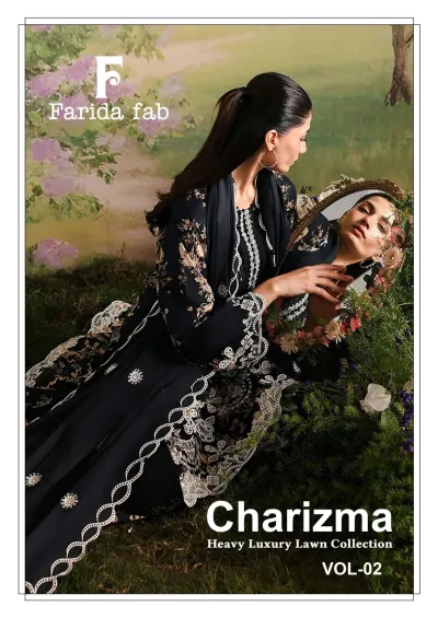 Farida Fab Charizma Vol 2 catalog cover with a woman in a black floral embroidered salwar suit.