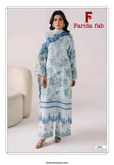 Farida Fab Charizma Vol 2 blue and white floral printed lawn salwar suit with thread work embroidery.