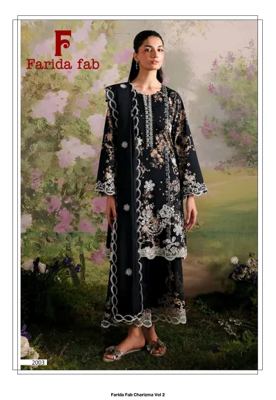 Farida Fab Charizma Vol 2 black floral printed lawn salwar suit with intricate white thread work embroidery.