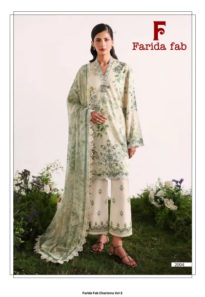 Farida Fab Charizma Vol 2 cream-colored floral printed lawn salwar suit with green patterns and thread work embroidery.